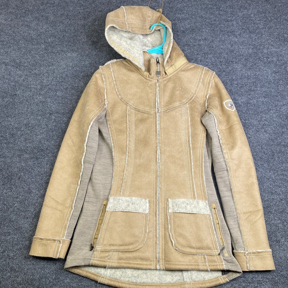Kuhl Projekt Arktik Jacket Womens XS Tan Faux Suede Fleece Lined Hooded Full Zip
